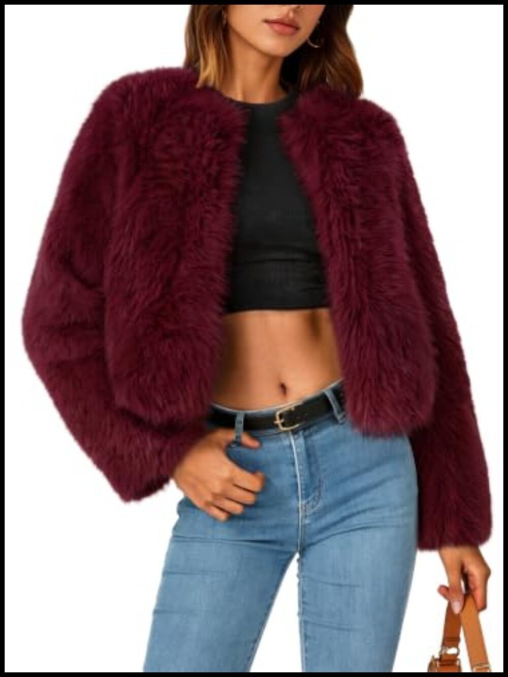 Faux Fur Cropped Jacket Fluffy Hook Closure Winter Coat Women